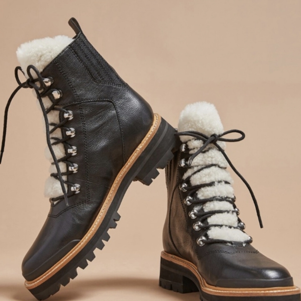 Marc Fisher Izzie Shearling Leather Combat Hiking Boots 6.5 Rugged Sole